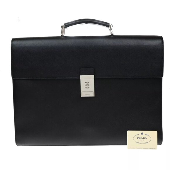 PRADA Logo Business Briefcase Hand Bag Saffiano Leather Black SHW Italy - Picture 1 of 14